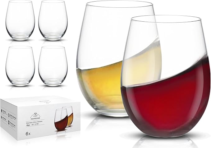 Stemless Wine Glasses, Hand Blown Drinking Glasses Set of 6 18oz, Crystal Wine Glass, Clear Red White Wine Glasses, Gift for Woman, Christmas, Anniversary, Birthday, Housewarming