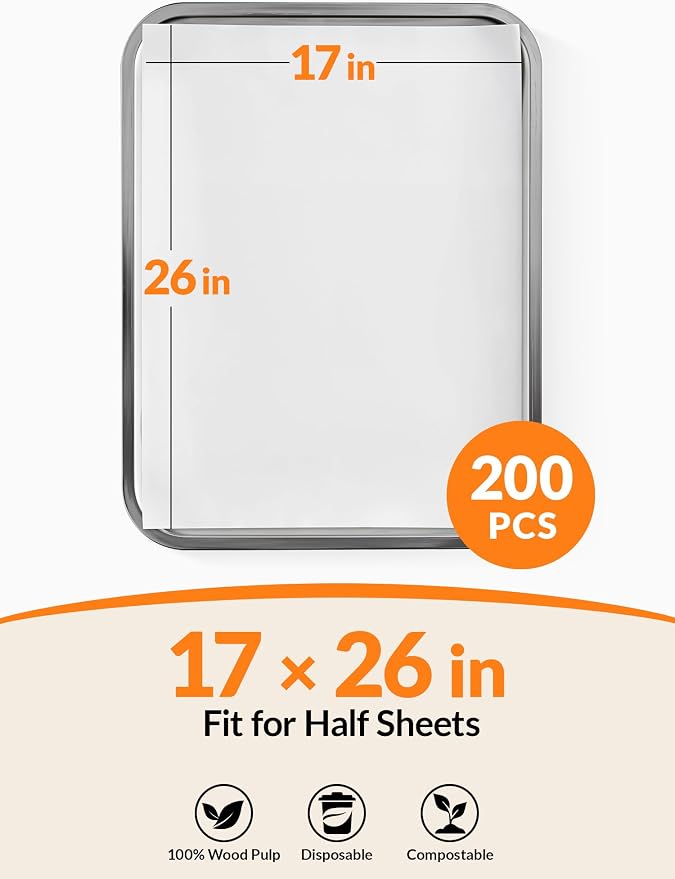 SMARTAKE 200 Pcs Parchment Paper Baking Sheets, 17x26 Inch Non-Stick Precut Baking Parchment, Suitable for Baking Grilling Air Fryer Steaming Bread Cup Cake Cookie and More (White)