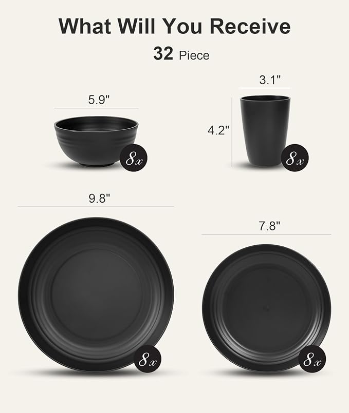 Quatish 32 Piece Plates and Bowls Sets for 8, Unbreakable Dinnerware Sets, Dish Set for Camping, Dishwasher Microwave Safe, Outdoor Kitchen and Apartment Dorm Dinning RV Essentials, Black