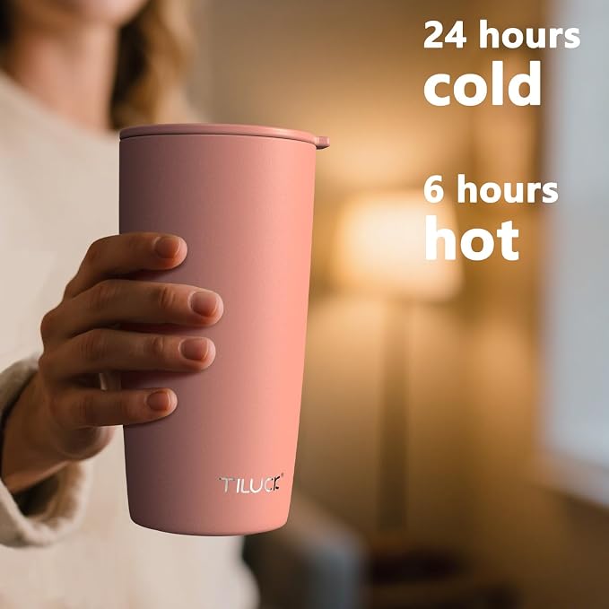 TILUCK 20 oz Insulated Coffee Tumbler with BPA-Free Lid | Travel Coffee Mug, Dishwasher Safe, Cup Holder Friendly, Double-Wall Vacuum Insulation for Hot & Cold Drinks, MatteCoralRed