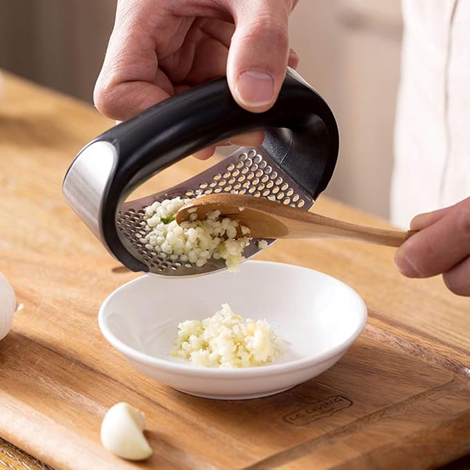 Garlic Press Rocker, Stainless Steel Garlic Crusher, Mincer and Chopper | Garlic Squeezer Easy Kitchen Gadget with Silicone Tube Garlic Peeler and Cleaning Brush Tool Set for Effortless Smashing