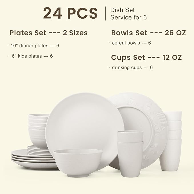 Premium Wheat Straw Dinnerware Sets - 24 PCS Dinner Plates,Plates,Cereal Bowls,Drinking Cups,Lightweight & Unbreakable Dishes Sets for 6,Dishwasher & Microwave Safe for Home - White