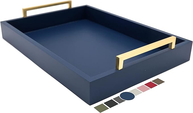Decorative Coffee Table Tray - Ottoman Tray - Breakfast, Drinks, Liquor Serving Platter - from Farmhouse to Modern - Matte Finish - Champagne Gold Handles - Twilight-Blue