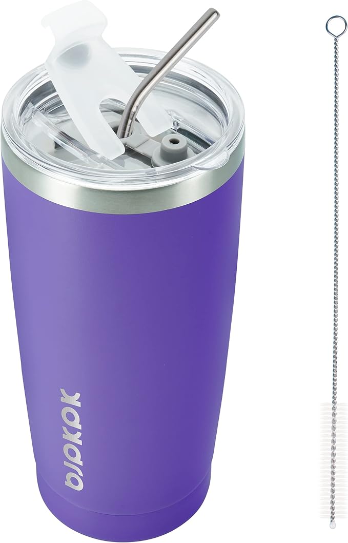 BJPKPK 20oz Coffee Tumbler with Lid & Straw, Insulated Stainless Steel Mug | Double Wall Vacuum, Keeps Hot/Cold, BPA Free, Leak Proof, Iced Coffee Cup Fit Car Holder, Travel & Beach, Purple