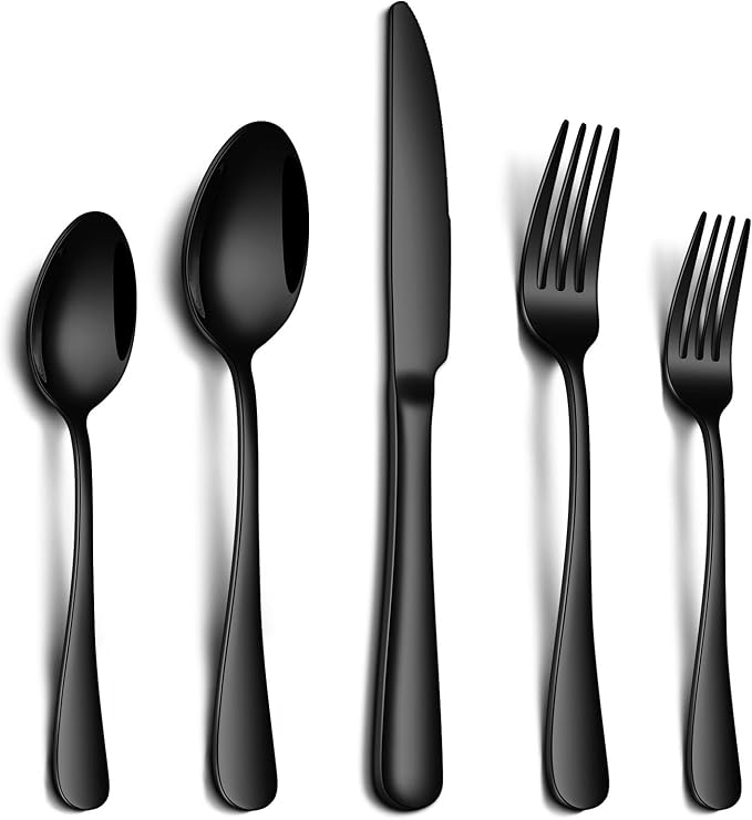 PHILIPALA 20 Piece Black Silverware Set, Stainless Steel Flatware Set for 4 Food Grade Cutlery Utensil Set Include Knife Fork Spoon Mirror Polished Dishwasher Safe