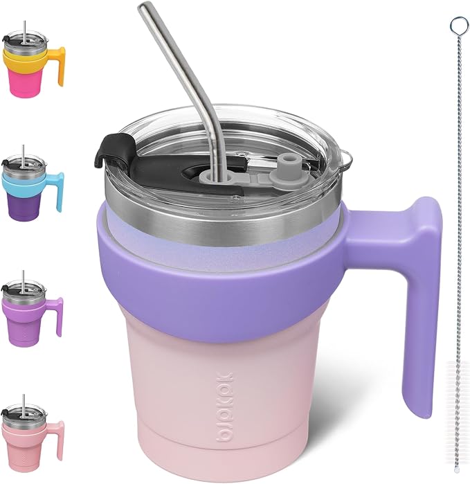 BJPKPK 10 oz Mini Tumbler with Lid, Straw & Handle, Insulated Steel Cup | Small, Spill Proof, Leak Proof, Thermal, Double Wall Vacuum, Sweatproof, Dishwasher Safe, BPA Free, Pastel Sunset