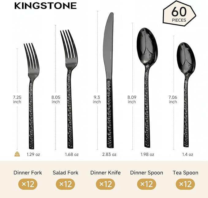 60 Piece Black Silverware Set,18/10 Stainless Steel Hammered Flatware for 12