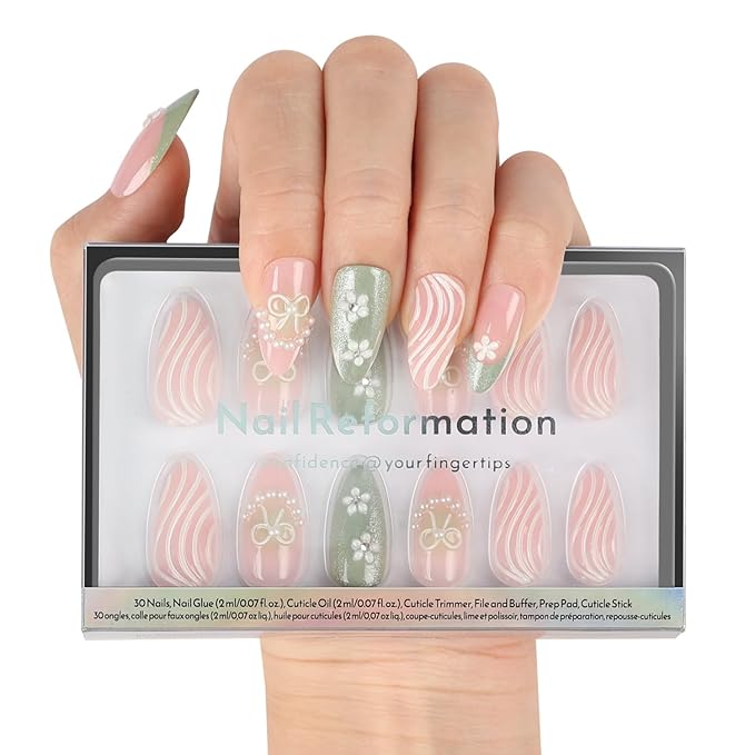 Nail Reformation Press On Nails, Garden of Pearls Short Almond Fake Nails | 15 Sizes 30 Pcs Floral French on Pink Green Shimmer Base in Glossy Finish, Reusable Stick On Nail Kit for Women Gifts