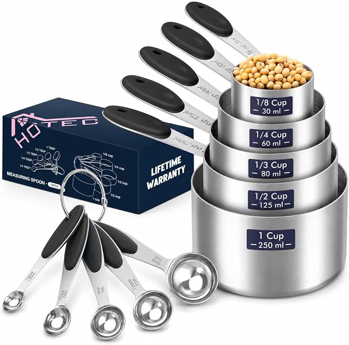 HOTEC 10-PACK Measuring Cups and Spoons Set, Kitchen Gadagets Cooking Baking,Heavy Duty & Dishwasher Safe for Dry and Liquid Ingredients,Black