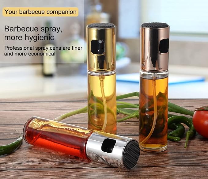 AKOAK 1 Count Cooking Oil Sprayer, 100ml Olive Oil Dispenser, Food Grade Clear Glass Spray Bottle, for Barbecue/Salad/Kitchen Baking (Gold)