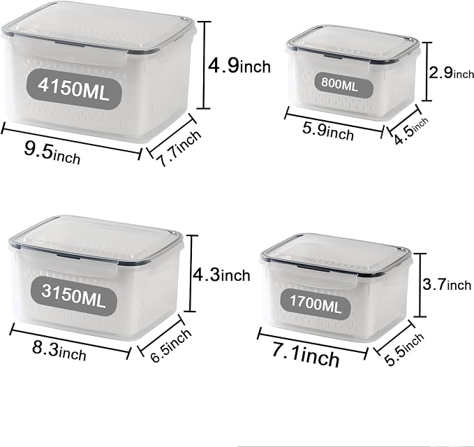 4 Pack Large Fridge Food Storage Container Set with Lids with Strainer, Fruit Vegetable Storage Containers Keep Fruits, Vegetables, Berry, Meat Fresh longer , BPA-Free Plastic Produce Keepers