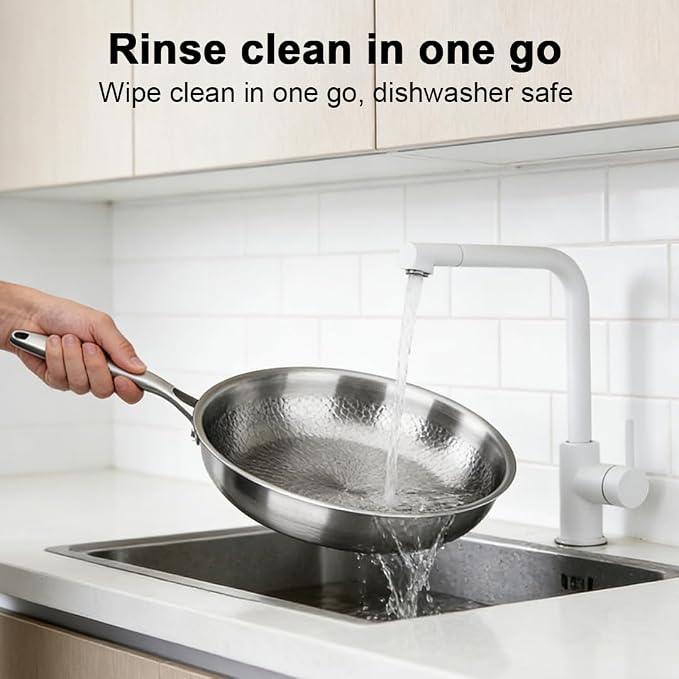 Titanium Frying Pan with Lid, 26cm Professional Stainless Steel Skillet, Nonstick Honeycomb Surface, Oven & Dishwasher Safe