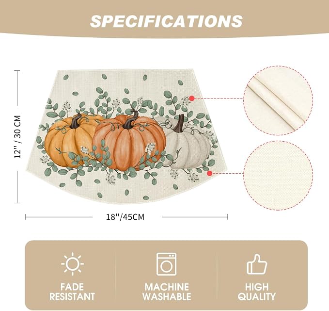 Artoid Mode Pumpkin Eucalyptus Fall Wedge Placemats Set of 4-12 x 18 Inch | Heat-Resistant, Washable Table Mats, Seasonal Autumn Leaves Kitchen Dining Decor