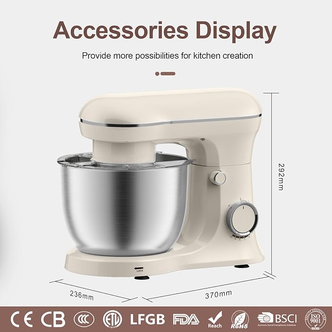 10 Speeds Stand Mixer With Bowl 6.5QT Stainless Steel, Electric Kitchen Stand Up Mixer for Baking Cakes Cookie Bread Salad Food with Egg Whisk, Dough Hook, Flat Beater - Portable Baking Mixers White