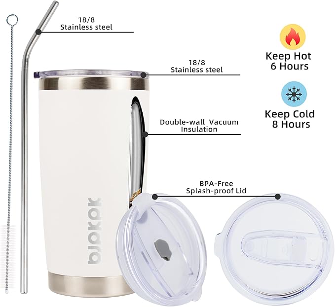 BJPKPK 20 oz Coffee Tumbler with Lid, Straw, Insulated Stainless Steel Mug | Double Wall Vacuum, Keeps Hot/Cold, BPA Free, Leak Proof, Iced Coffee Cup Fit Car Holder, Travel & Beach Ready, White