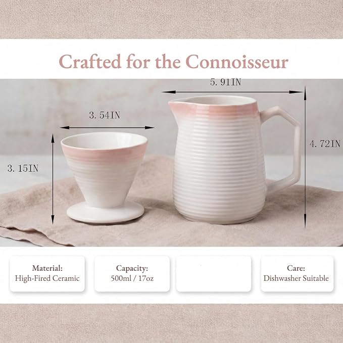 pour over coffee maker - Ceramic Dripper Pot, Heat-Resistant & Easy Clean | Manual Slow Drip Coffee Brewer for Office, Home, Camping 1-3 Cup Pour 20 coffee filters (pink)
