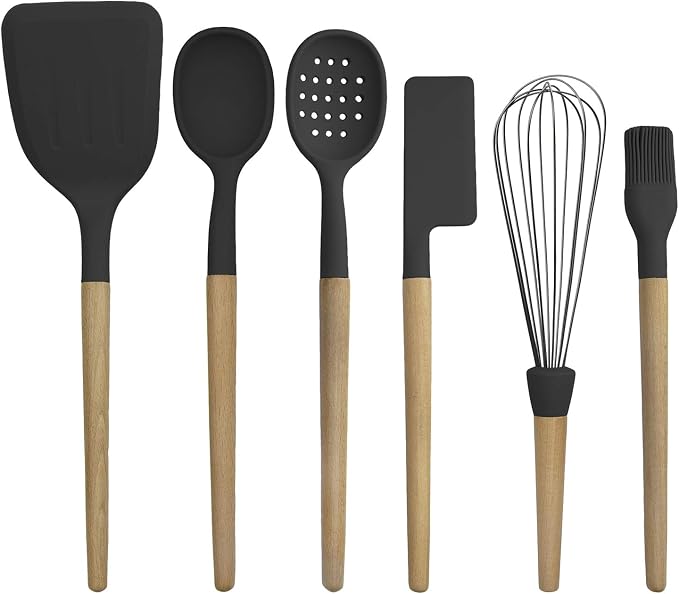 Country Kitchen Non Stick Silicone Utensil Set with Rounded Wood Handles for Cooking and Baking, 6 Piece Set, Black | Rounded Wood Handles, For Cooking and Baking