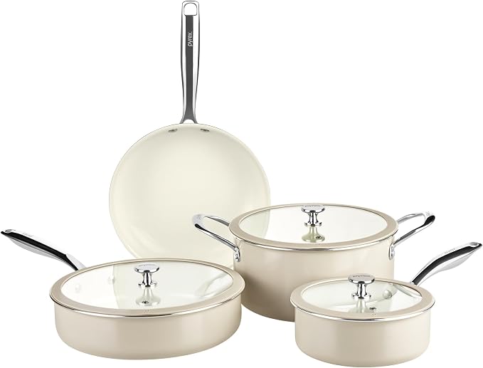 Pyrex 7-Piece Ceramic Cookware Set, Pots and Pans with Lids & Handles | Healthy nonstick ceramic coating, induction compatible stainless steel, PFAS Lead Cadmium BPA Free