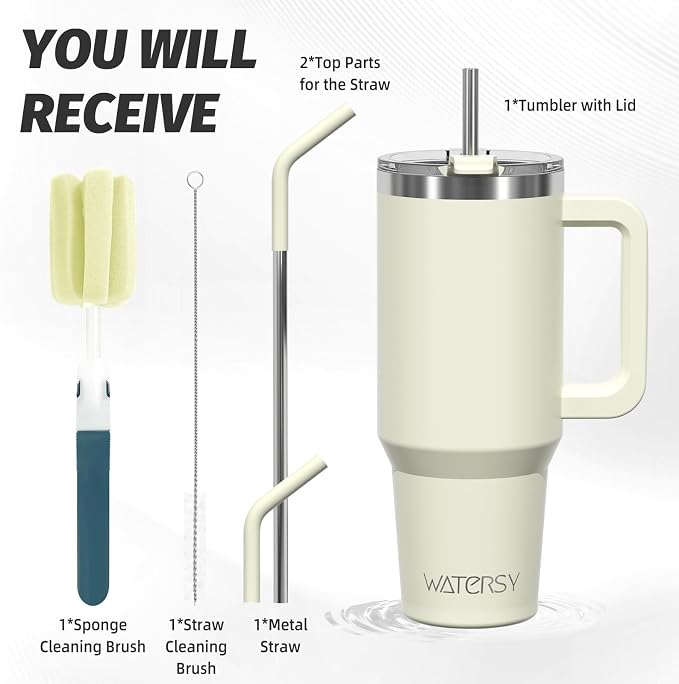 40 oz Tumbler with Handle,Tumbler with Lid and Straw,Double Wall Insulated Cup Stainless Steel Travel Mug(Cold for 34 Hours),Water Bottle for Iced Tea,Coffee,Cold Beverages(Cream White)