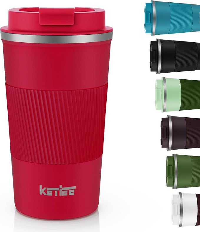 KETIEE Travel Coffee Mug Spill Proof 12oz, Insulated Travel Mug to Go, Reusable Coffee Cup with Seal Lid, Vacuum Stainless Steel Tumbler for Hot/Cold Drinks (Red)