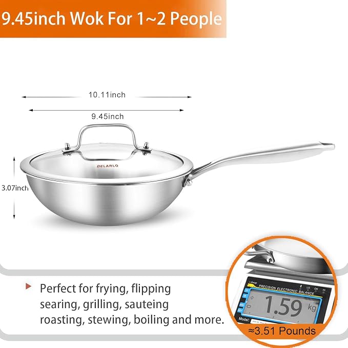 DELARLO Whole Body Tri-Ply Stainless Steel Wok 9.45 inch, Deep Kitchen Stir-Fry Pan, Small Wok Pan with Lids, Induction Mini wok, Suitable for All Stove, Up to 600℉, Detachable Handle