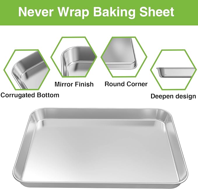 Baking Pans Sheet, 3 Piece Large Cookie Sheets Stainless Steel Baking Pan for Toaster Oven, Umite Chef Non Toxic Tray Pan, Mirror Finish, Easy Clean, Dishwasher Safe, 10 x 8 x 1 inch