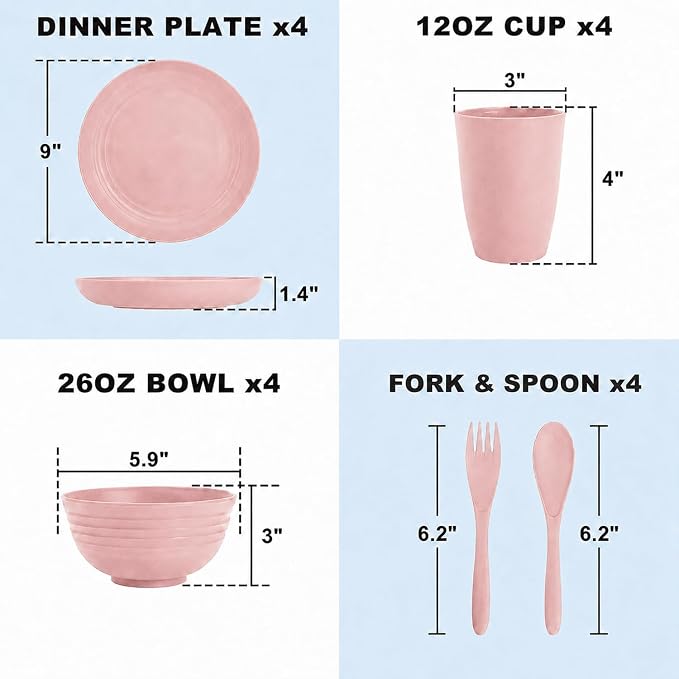 Wheat Straw Dinnerware Sets for 4, 20 Piece Unbreakable Kids Dinnerware Set, Toddler Plates and Bowls Sets, Kitchen Plates and Bowls Set, Lightweight Dish Set for Travel Camping Party - Muted Pink