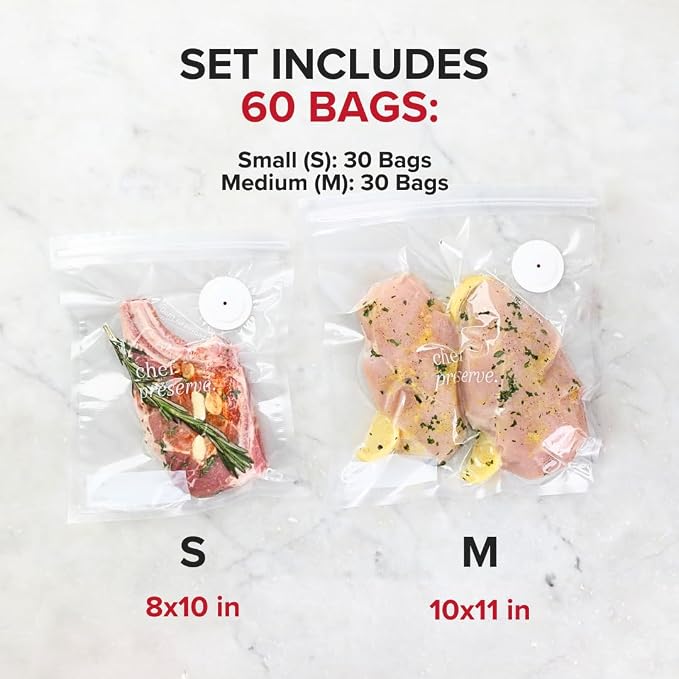 Chef Preserve Reusable Vacuum Sealer Bags for Food – 60 BPA-Free Food Storage Bags, Freezer, Microwave – Odor-Resistant, Leak-Proof – Compatible with Chef Preserve Vacuum Sealers