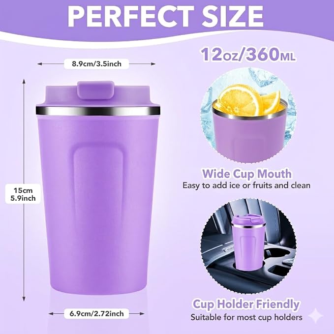 Volhoply 12 oz Double Wall Insulated Vacuum Travel Coffee Mugs with Flip Lid Bulk 2 Pack,Reusable Stainless Steel Leak Proof Coffee Cup,Portable Cafe Thermal Tumbler for Hot&Cold Drinks(Purple,2 Set)
