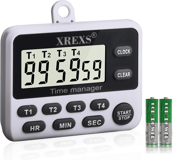 XREXS 4 Channel Digital Kitchen Timer Clock with Large LCD Display | 4 Groups Simultaneous Timing Countdown Up Pocket Timer, Magnetic Attachable (Battery Included)