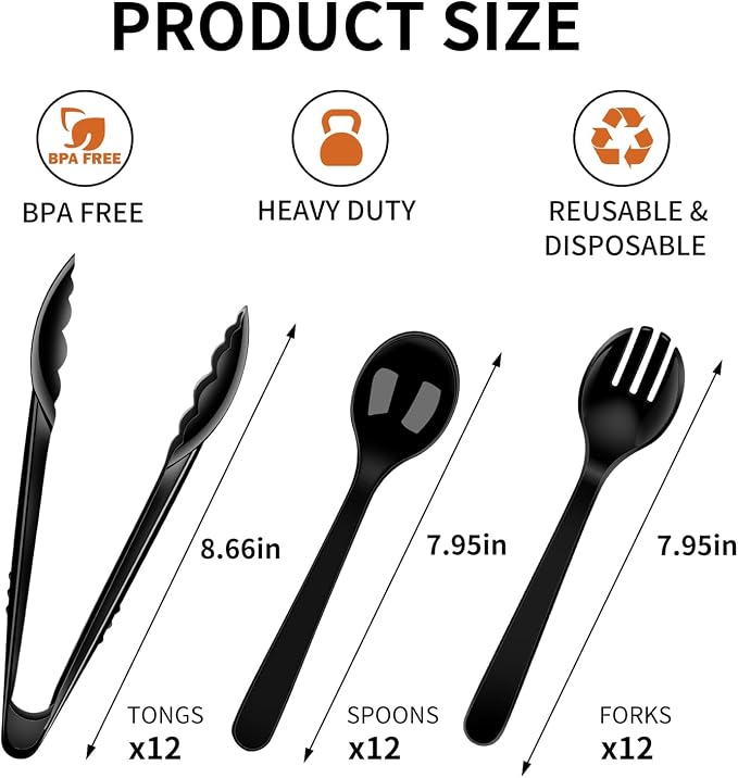 36PCS Disposable Serving Utensils Including Plastic Spoons, Tongs and Forks | 12 Set for Dinner Parties, Buffets, Banquets, Events, Weddings, and Daily Use