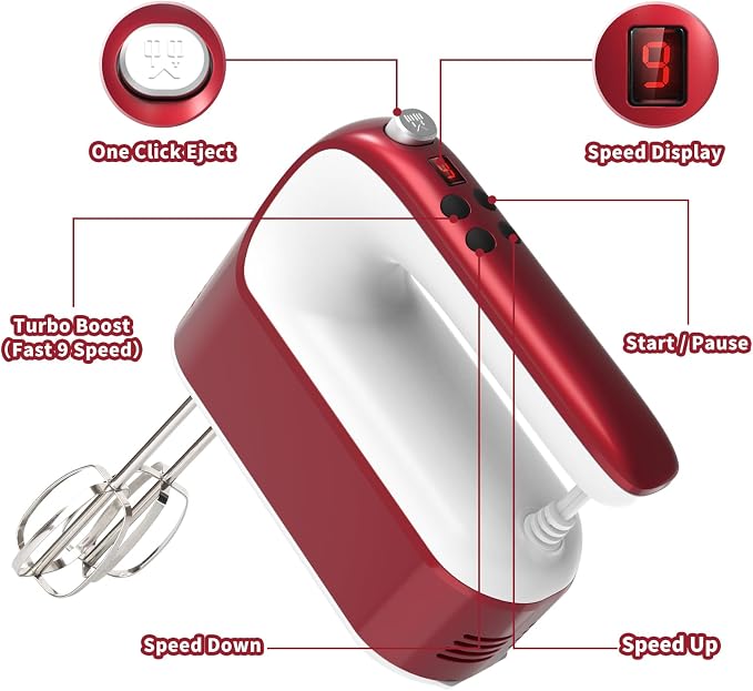 Yomelo 9-Speed Digital Hand Mixer Electric, 400W Powerful DC Motor, Hand Mixer Electric Handheld with Snap-On Storage Case, 5 Stainless Steel Accessories, Beaters, Dough Hooks, Whisk(Red/White)