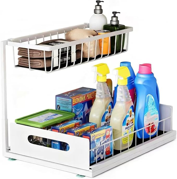 Under Sink Organizer, 2 Tier Pull-Out Cabinet Storage Shelf, Rust-Resistant Metal Organizer for Kitchen Bathroom Laundry Room, No Tools Installation, 1 Pack White