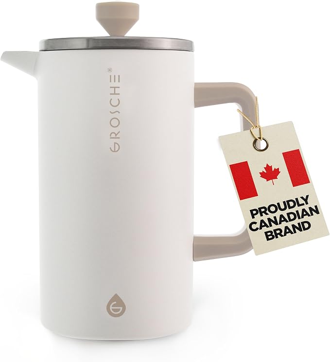 GROSCHE Dublin Double Wall Stainless French Press, White, 8 Cup, 34 oz | Fine-Mesh Filter Reduces Grit, Insulated Body Retains Heat, Dishwasher-Safe Parts Simplify Cleanup for Daily Hot or Cold Brew