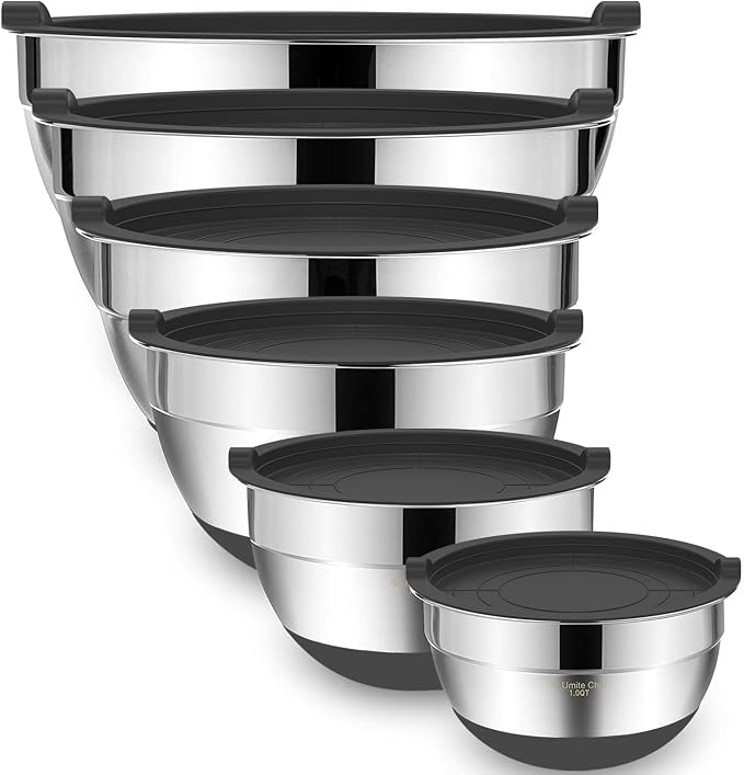 Umite Chef Mixing Bowls with Airtight Lids，6 piece Stainless Steel Metal Nesting Storage Bowls, Non-Slip Bottoms Size 7, 3.5, 2.5, 2.0,1.5, 1QT, Great for Mixing & Serving(Grey)