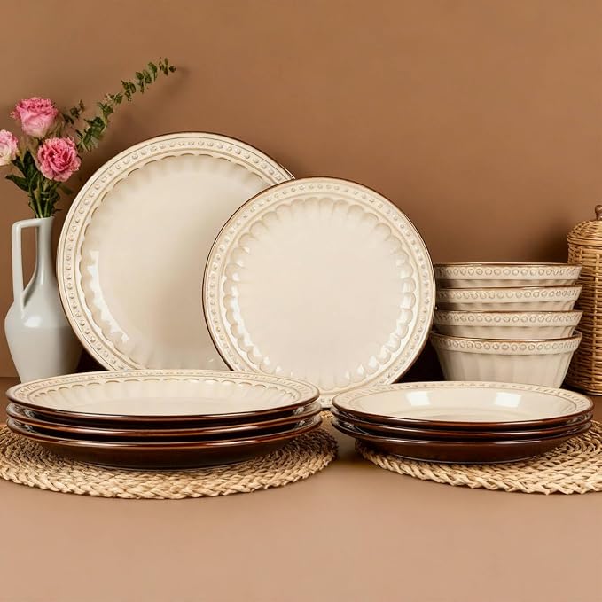 Dinnerware Set Cream White 12 Pieces Service for 4, Stoneware Plates and Bowls Set Stoneware Set, Dishwasher Microwave Safe Dishes set