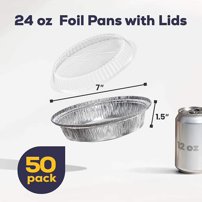 Fit Meal Prep 50 Pack 7" Round Aluminum Foil Pans with Clear Dome Lids, Disposable Pie Tins, Take out Containers, Freezer Oven Safe Baking Pans for Storing, Cooking, Storage