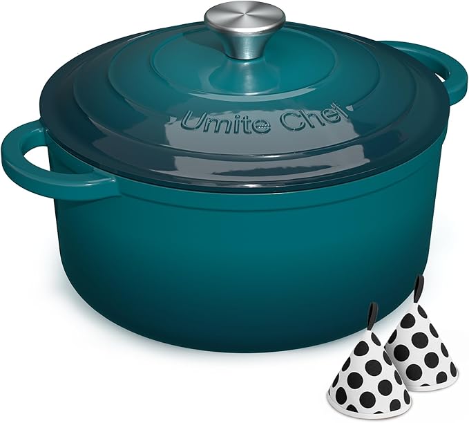 Umite Chef 7QT Enameled Cast Iron Dutch Oven with Lid & Cotton Potholders–Heavy-Duty Cookware for Bread Baking, Braising, Stews, Marinate, Cook(Emerald)