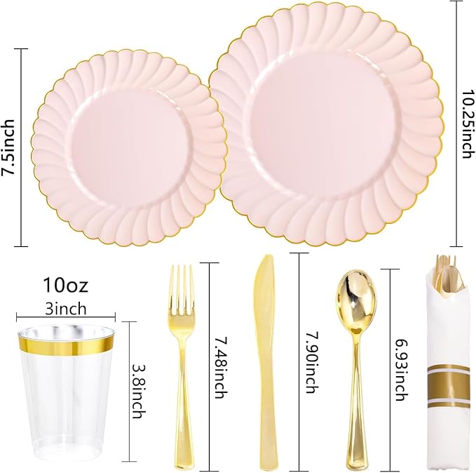 YOUBET 350PCS Pink Scalloped Plastic Plates for Wedding Party | Pink and Gold Disposable Dinnerware Set Include 100 Plates, 150 Gold Silverware, 50 Cups, 50 Napkins