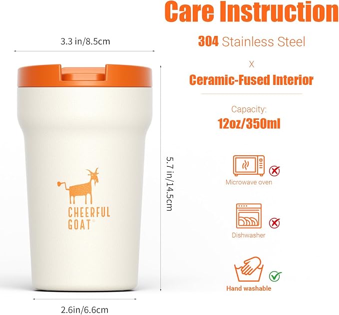 CHEERFUL GOAT Ceramic Lined Coffee Travel Mug – Stainless Steel Travel Coffee Tumbler with Ceramic Liner, with lid, 12oz Coffee Cup for Hot and Cold Water Coffee at Home, Office, or On the Go (white)