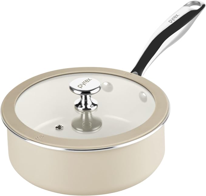 Pyrex 7.7-Inch Saucepan Ceramic Cookware with Lid & Stainless Steel Handles | Healthy nonstick ceramic coating, induction compatible stainless steel, PFAS Lead Cadmium BPA Free
