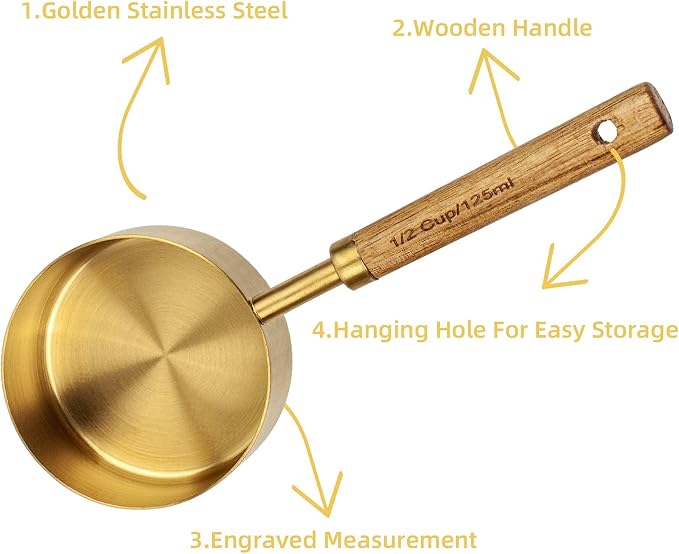 Measuring Cups and Spoons Set of 8, Golden Stainless Steel Measuring Cup with Wooden Handle, Kitchen/Food/Liquid/Baking (gold)
