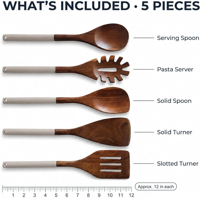 DI ORO Wooden Kitchen Utensil Set - 5 Pc Spoon & Spatula, Soft Grey | Won't scratch nonstick pots and pans; Natural hardwood, easy to hand wash; For cooking, serving, stirring, and turning