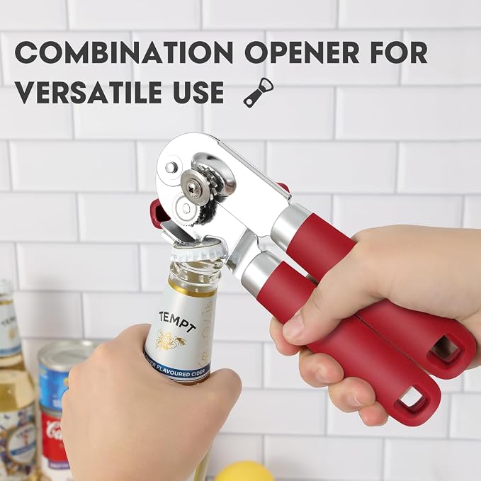 UHIYEE Manual Can Opener Hand Held with Magnet for Home Kitchen, Red | Premium 420J2 Steel, Magnetic Lid Lifter, Easy-Turn Oversized Knob, Arthritis Friendly, Smooth Edge & Safe Cut