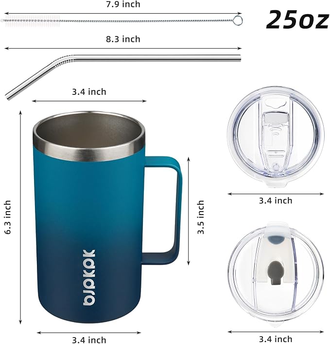 BJPKPK 25oz Insulated Coffee Mug with Handle, Stainless Steel Travel Mug | Keeps Drinks Hot & Cold, Double Wall Vacuum, 2 Lids Included, BPA-Free Coffee Tumbler for Home, Office & Travel
