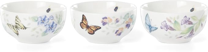 Lenox Butterfly Meadow Porcelain 3-Piece Mini Bowl Set for 1, 8oz | dishwasher safe | plates and bowls sets for kitchen and dining | 8oz capacity, . inch diameter, gift for women
