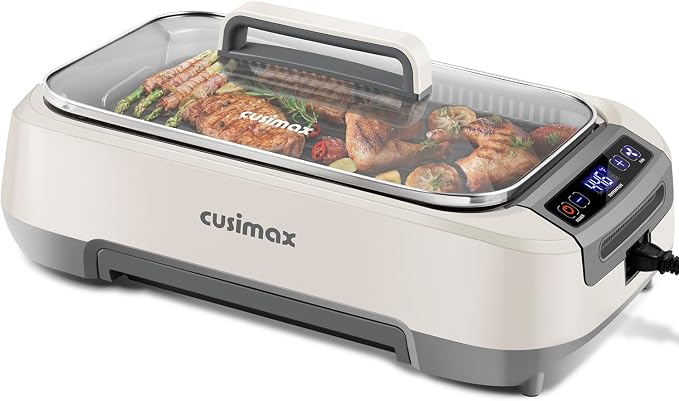 Smokeless Indoor Grill, CUSIMAX Electric Grill 1500W Korean BBQ Grill White | Adjusting Temperature/Smart LED Display/Non-stick Removable Grill Plate/Turbo Smoke Extractor/Tempered Glass Lid/Easy Cleanup