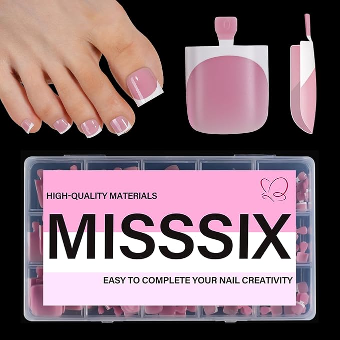 Misssix Press on Toenails Short, French Tip Toe Nails Square, Berry Pink | 150pcs Soft Gel False Toenail, Acrylic Soak off Fake Toe Nails for Women Nail Art DIY 15 Sizes