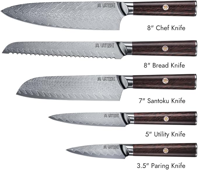 Magnetic Kitchen Knife Block Set - Japanese 67 Layer High-Grade VG-10 Steel Knives, Sharp, G10 Handle Professional Kitchen Knife Set - Damascus (6 pieces), Brown Pakkawood Handles