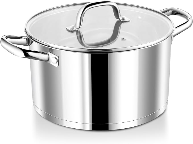 P&P CHEF 8 Quarts Stock Pot with Lid, Stainless Steel Stockpot for Cooking | Cooking Pot for Soup, Pasta, Tri-Ply Bottom for Induction, Gas, Ceramic, Glass Lid & Double Handle, Dishwasher Safe